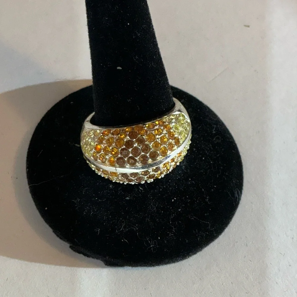 Elegant Sterling Silver Gold and Brown Crystal Stone Ring